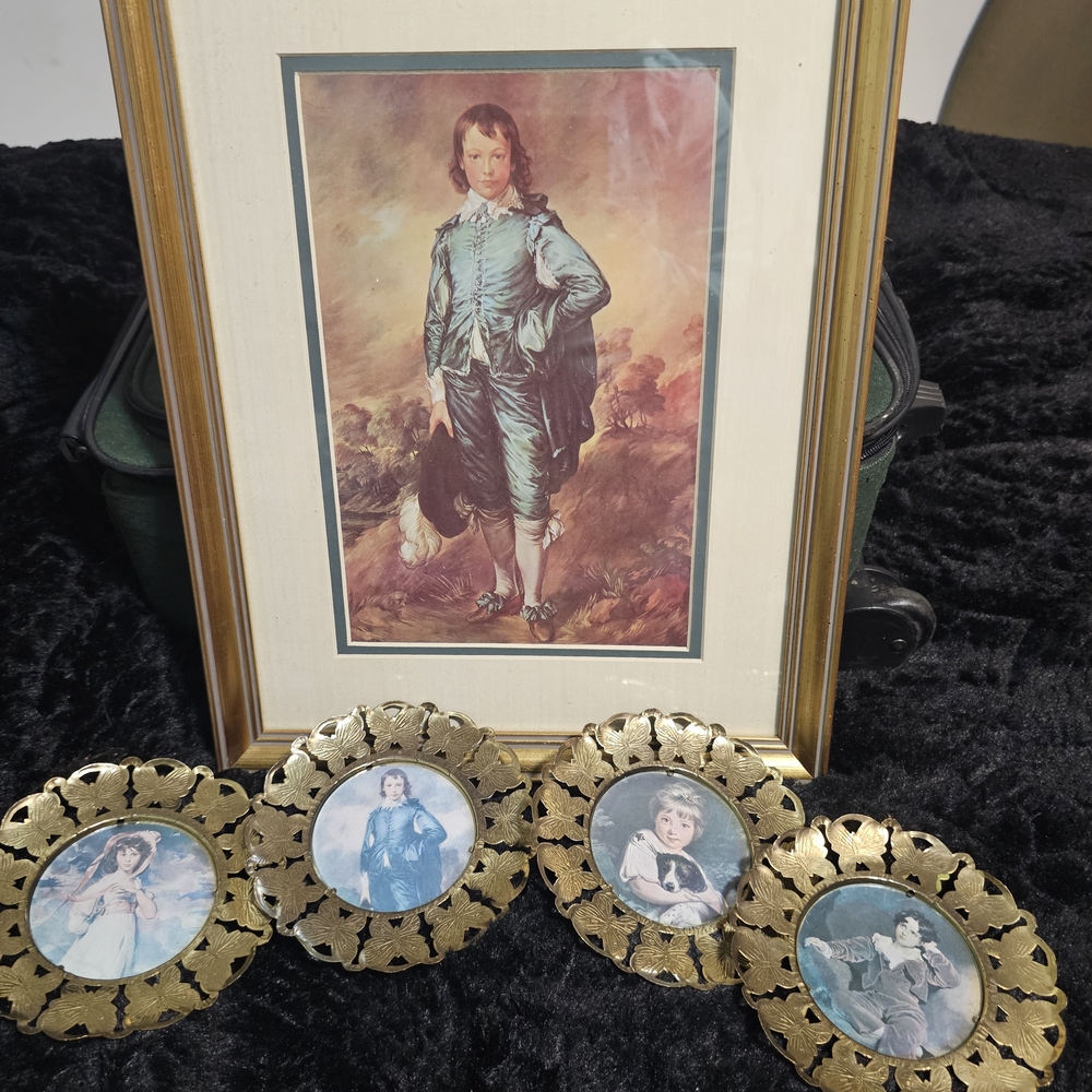 1700s The Blue Boy Art Print & 4 Made in England Brass Butterfly Picture Frames